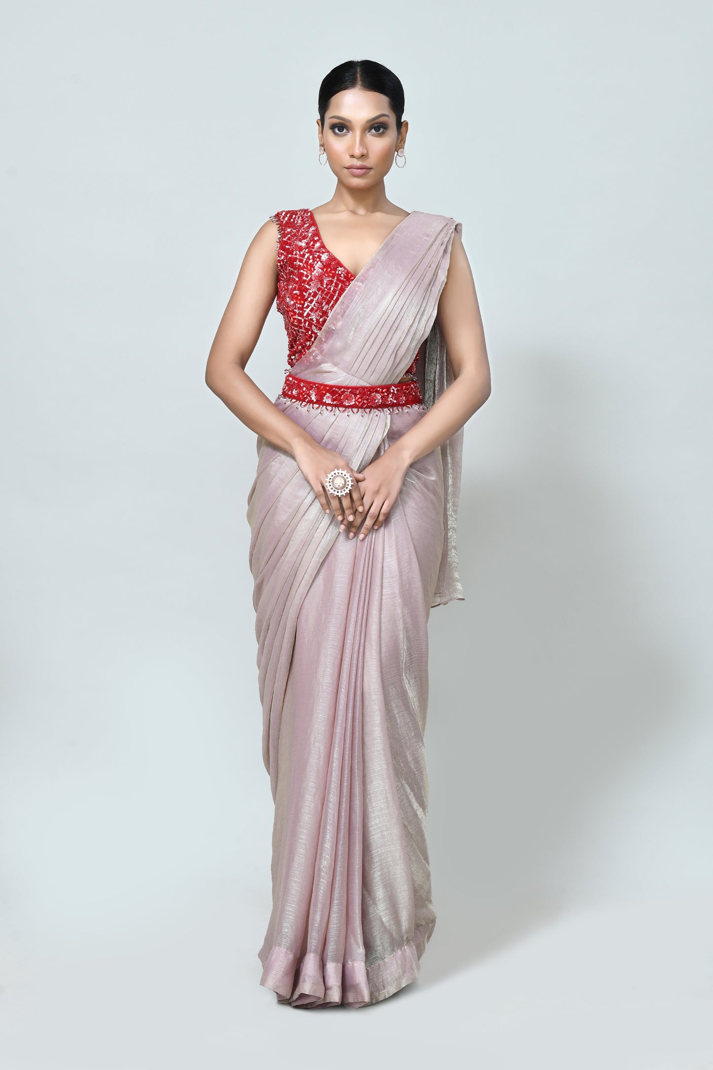 Designer Wear Light Pink Shimmer Chiffon Drape Saree