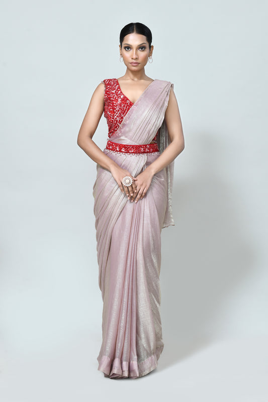 Designer Wear Light Pink Shimmer Chiffon Drape Saree