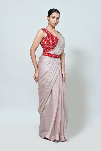 Designer Wear Light Pink Shimmer Chiffon Drape Saree