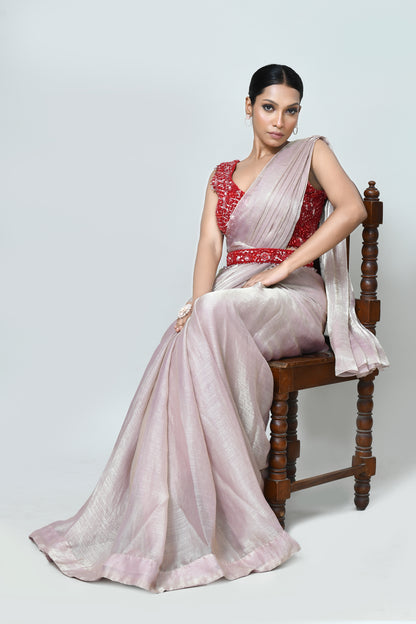 Designer Wear Light Pink Shimmer Chiffon Drape Saree