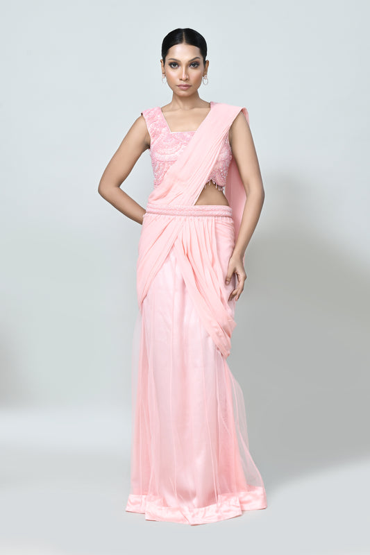 Designer Wear Peach Georgette Net Drape Saree