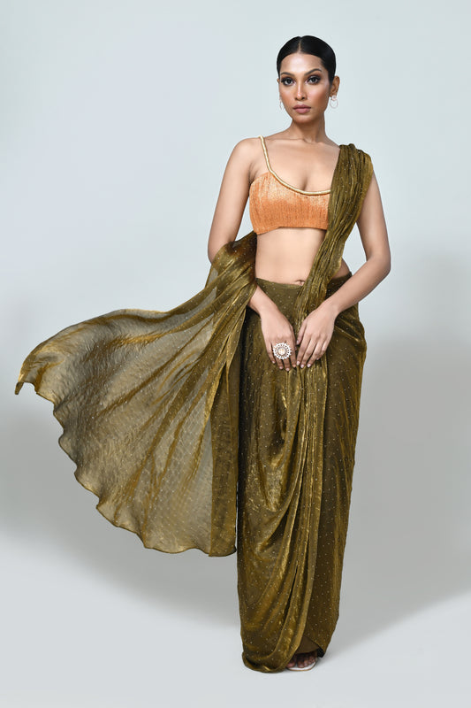 Designer Wear Brown Diamond Silk Drape Saree