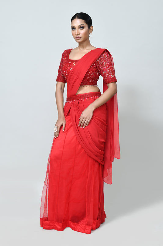 Designer Wear Red Georgette Net Drape Saree