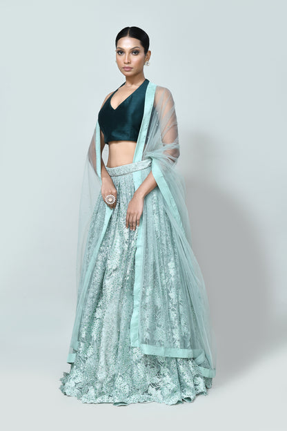 Designer Wear Sea Green Embroidered Net Lehenga Set