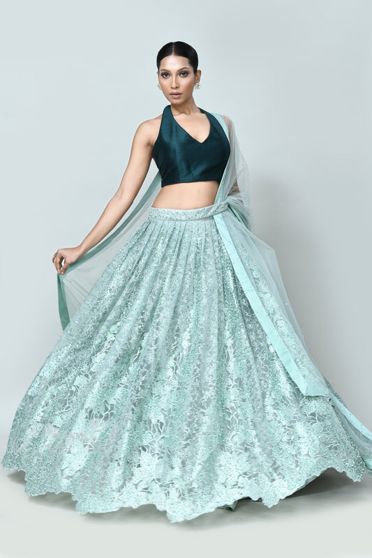 Designer Wear Sea Green Embroidered Net Lehenga Set