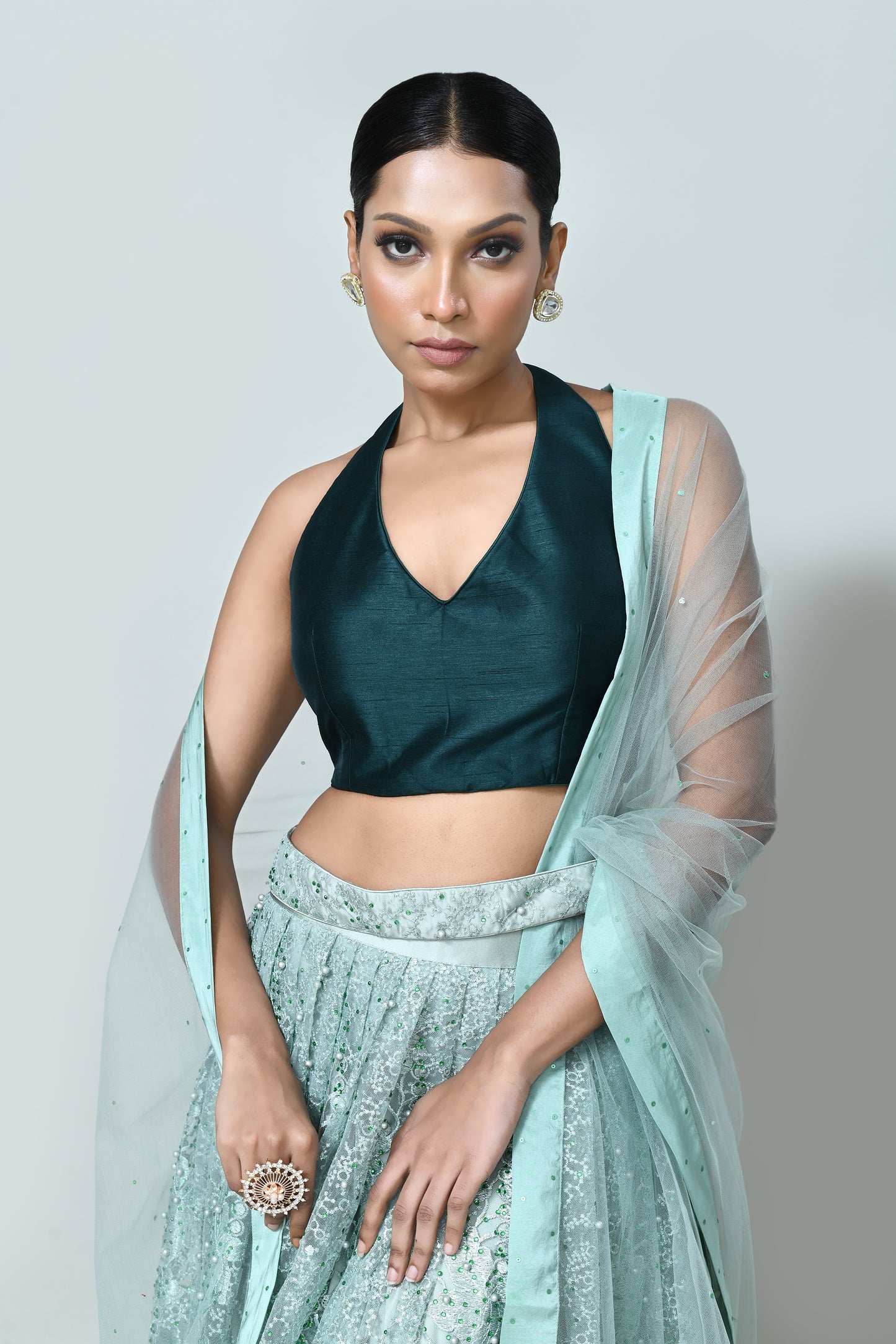 Designer Wear Sea Green Embroidered Net Lehenga Set