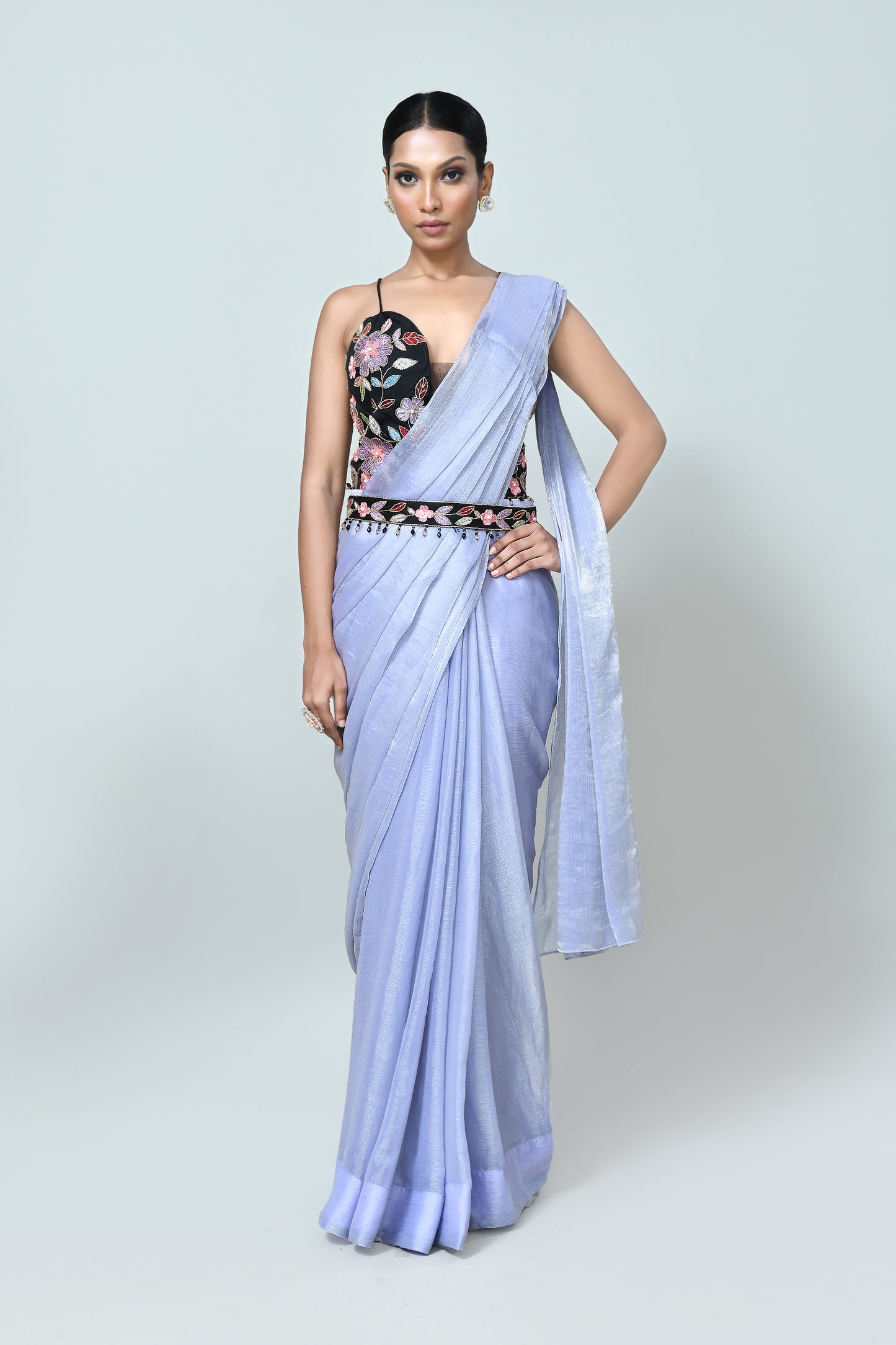 Designer Wear Sky Blue Shimmer Chiffon Drape Saree