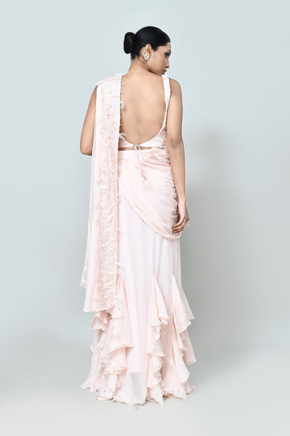 Designer Wear Light Peach Chinon Chiffon Drape Saree