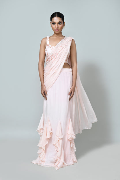 Designer Wear Light Peach Chinon Chiffon Drape Saree
