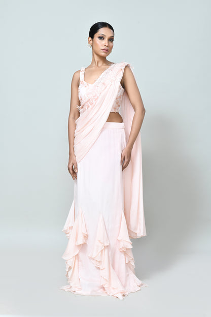 Designer Wear Light Peach Chinon Chiffon Drape Saree