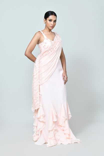 Designer Wear Light Peach Chinon Chiffon Drape Saree