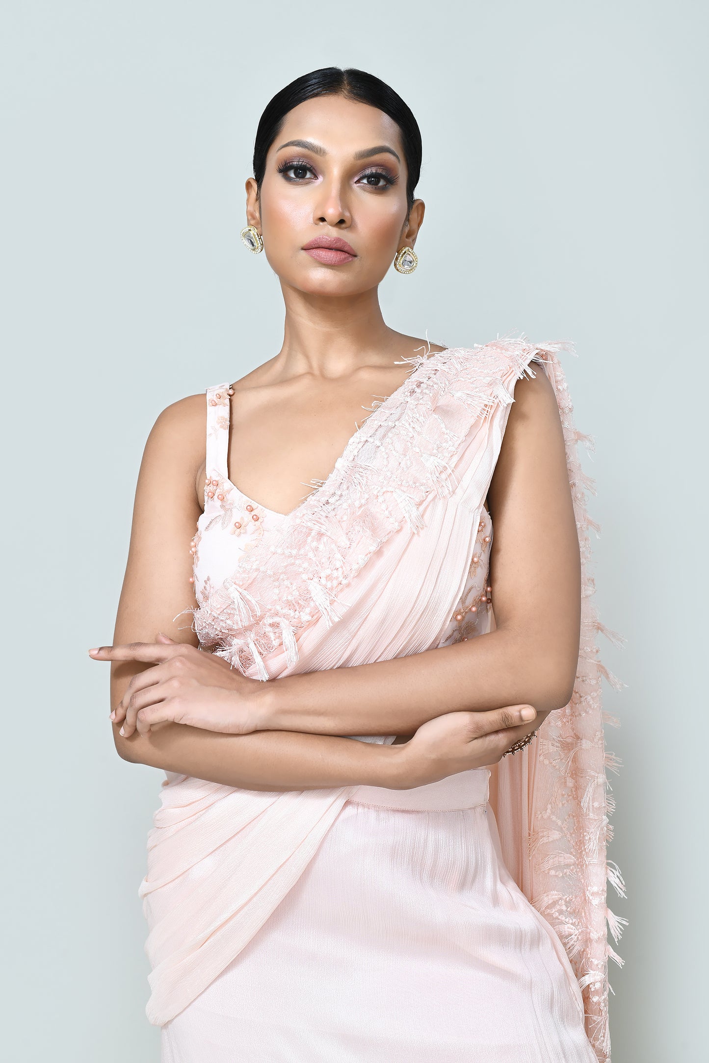 Designer Wear Light Peach Chinon Chiffon Drape Saree