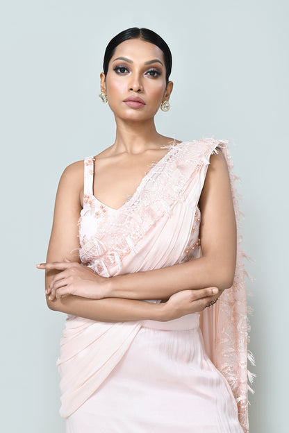 Designer Wear Light Peach Chinon Chiffon Drape Saree