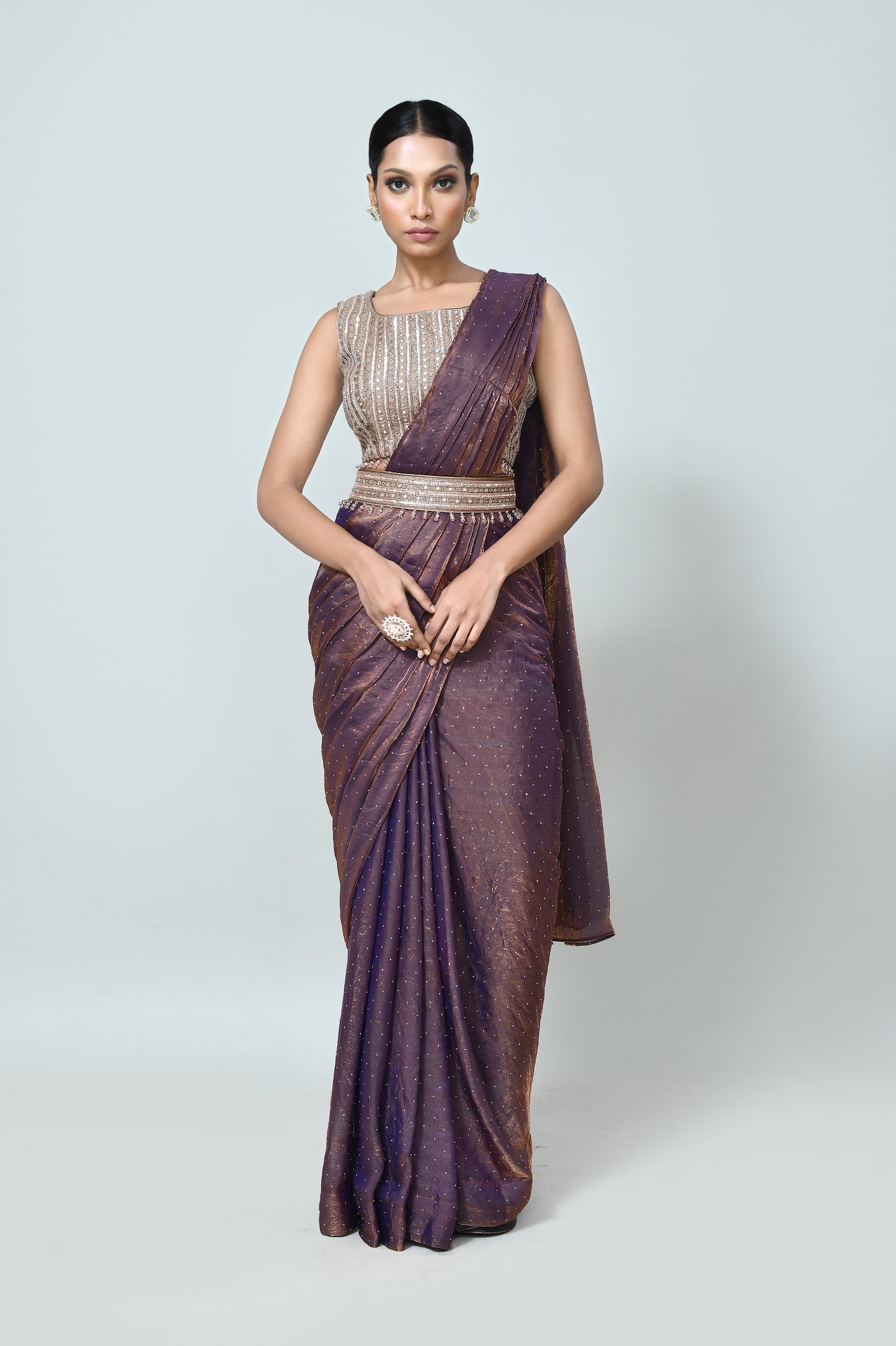 Designer Wear Metallic Purple Drape Saree