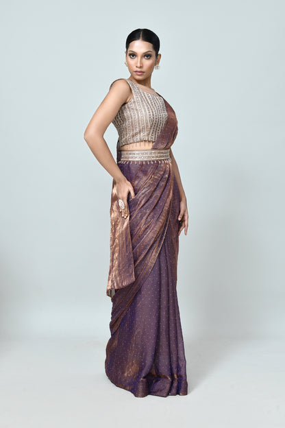 Designer Wear Metallic Purple Drape Saree