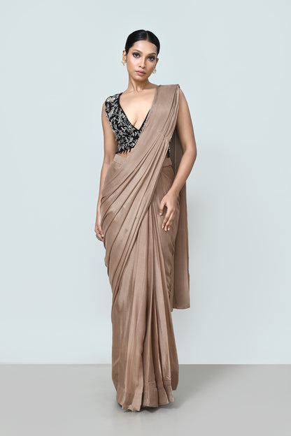 Designer Wear Light Brown Chinon Chiffon Drape Saree