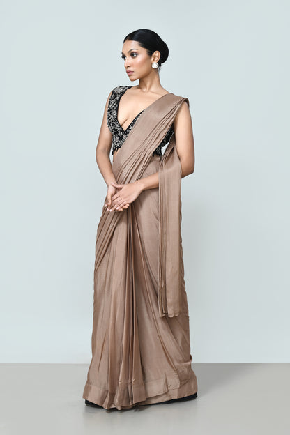Designer Wear Light Brown Chinon Chiffon Drape Saree