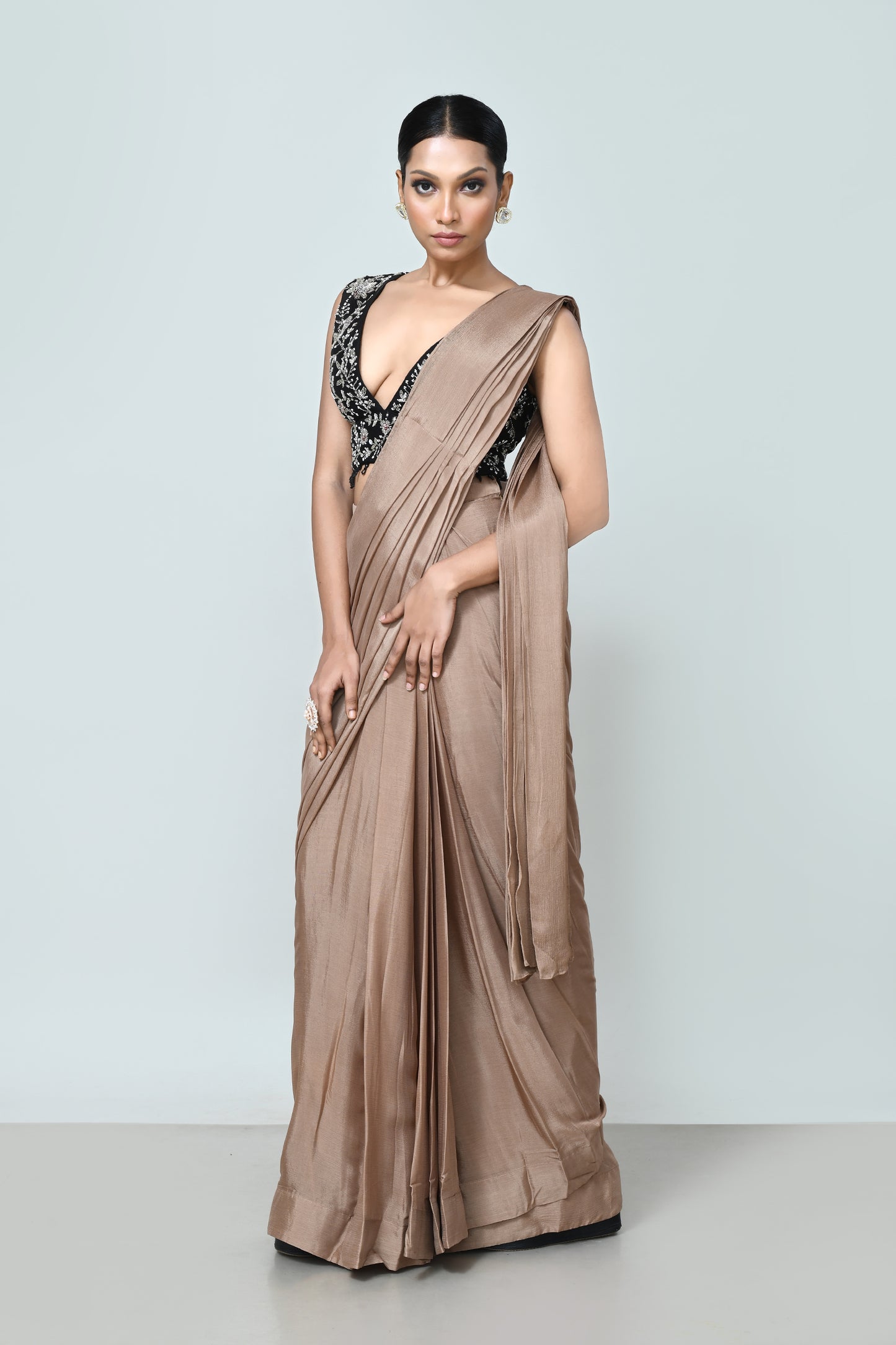 Designer Wear Light Brown Chinon Chiffon Drape Saree