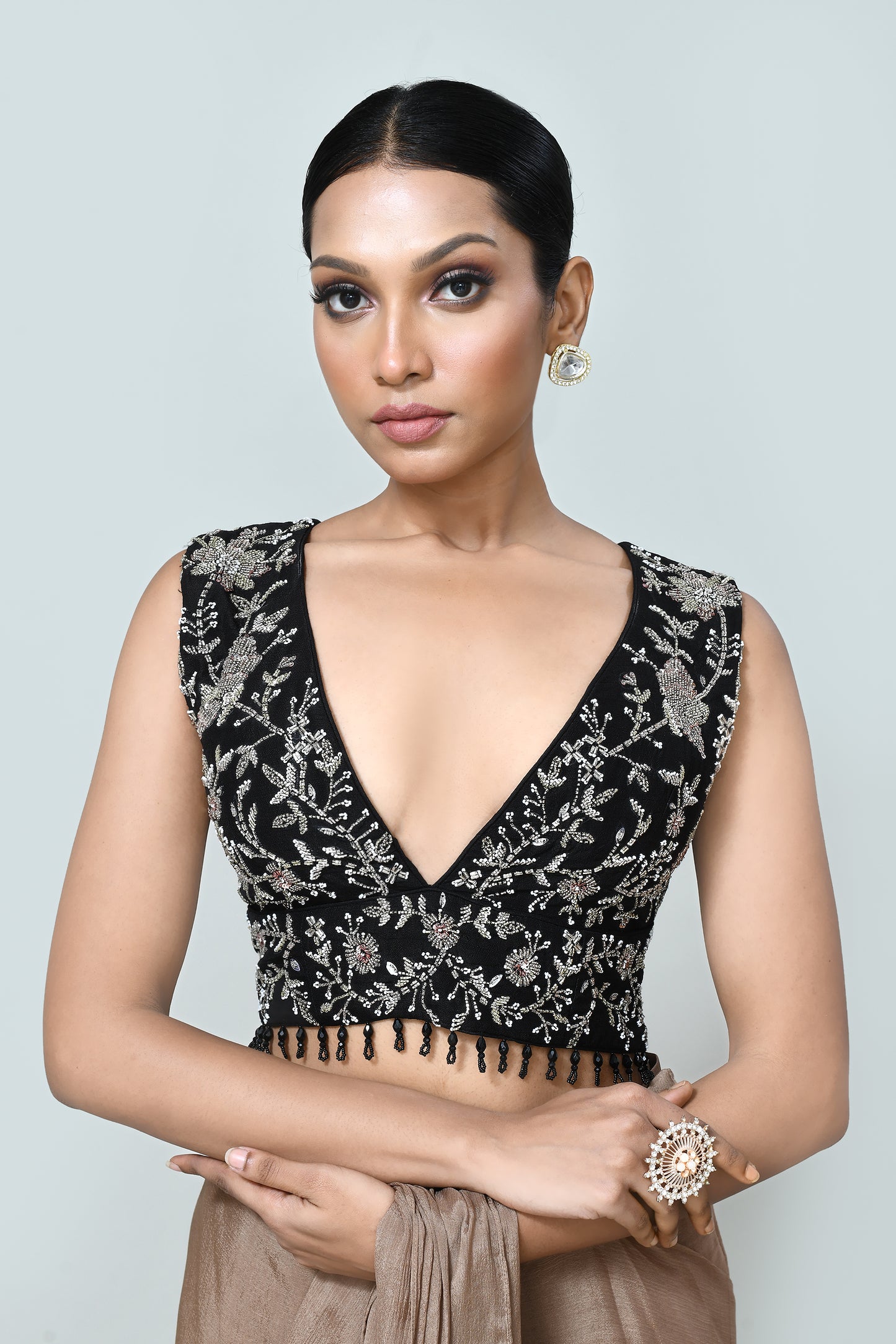 Designer Wear Light Brown Chinon Chiffon Drape Saree