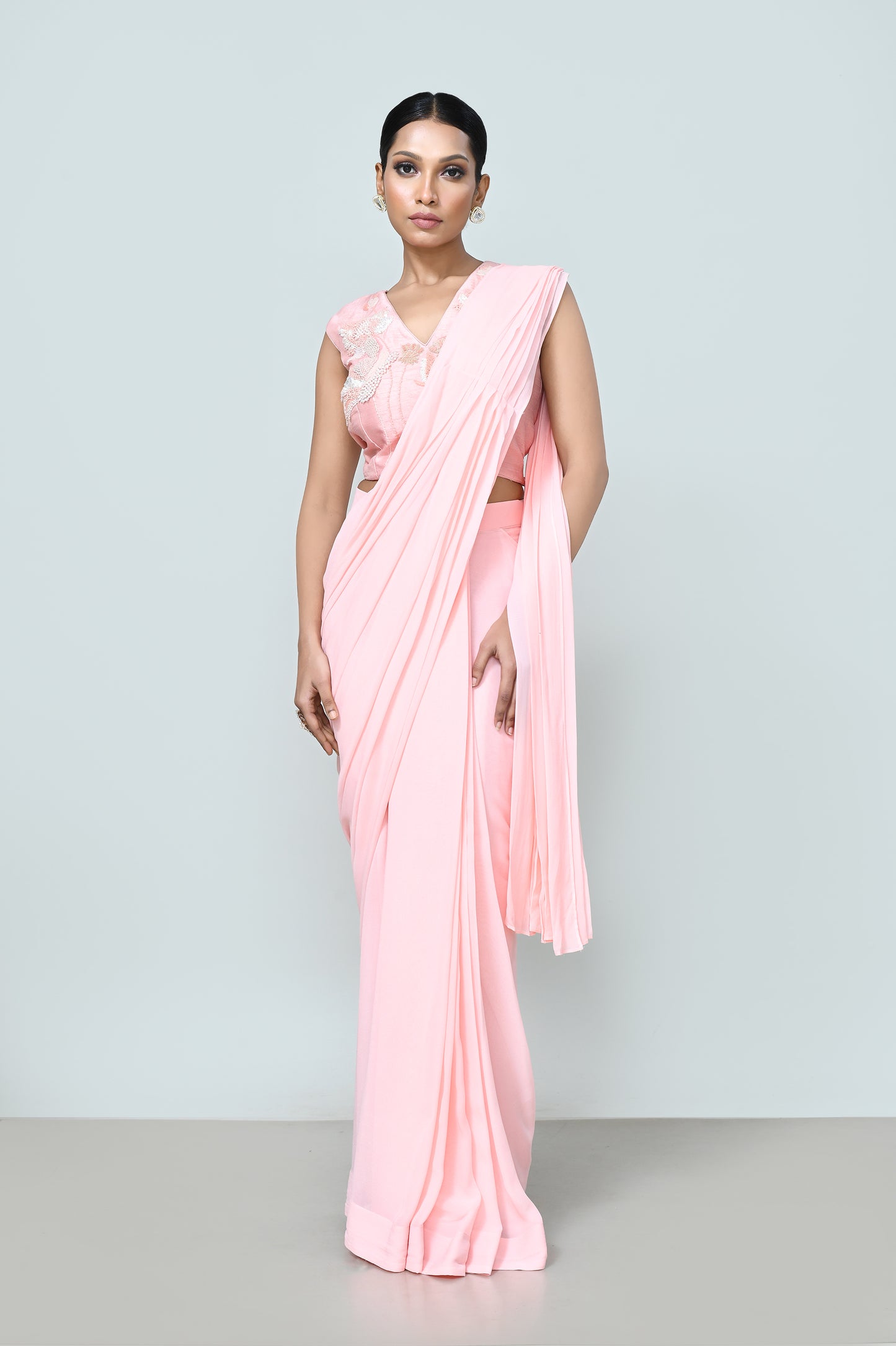 Designer Wear Light Pink Georgette Drape Saree