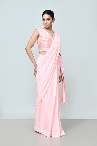 Designer Wear Light Pink Georgette Drape Saree