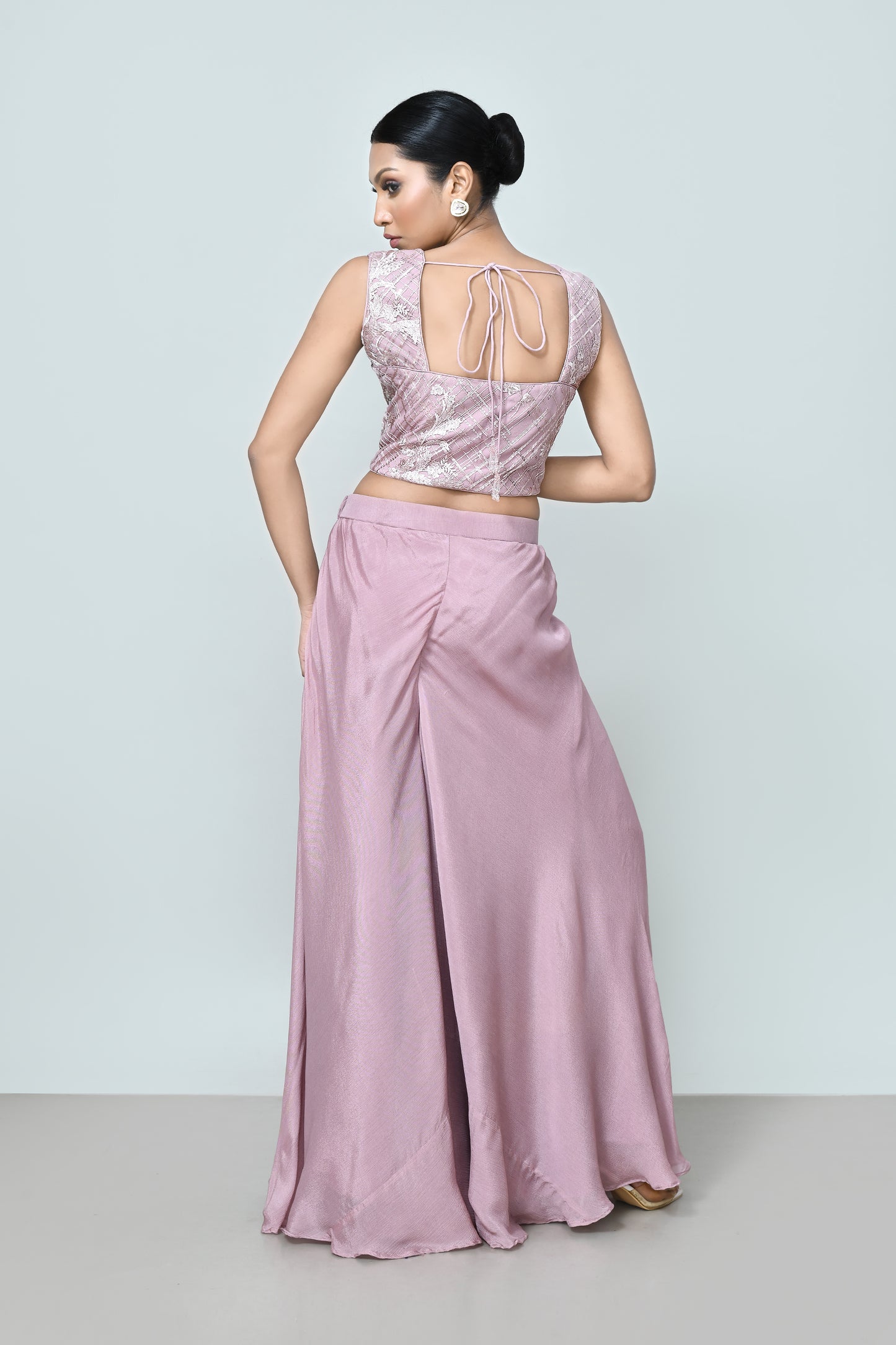Designer Wear Lavender Pink Crop Top And Palazzo Set