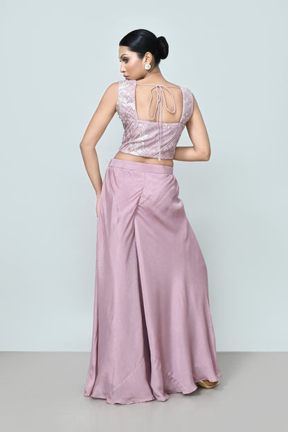 Designer Wear Lavender Pink Crop Top And Palazzo Set