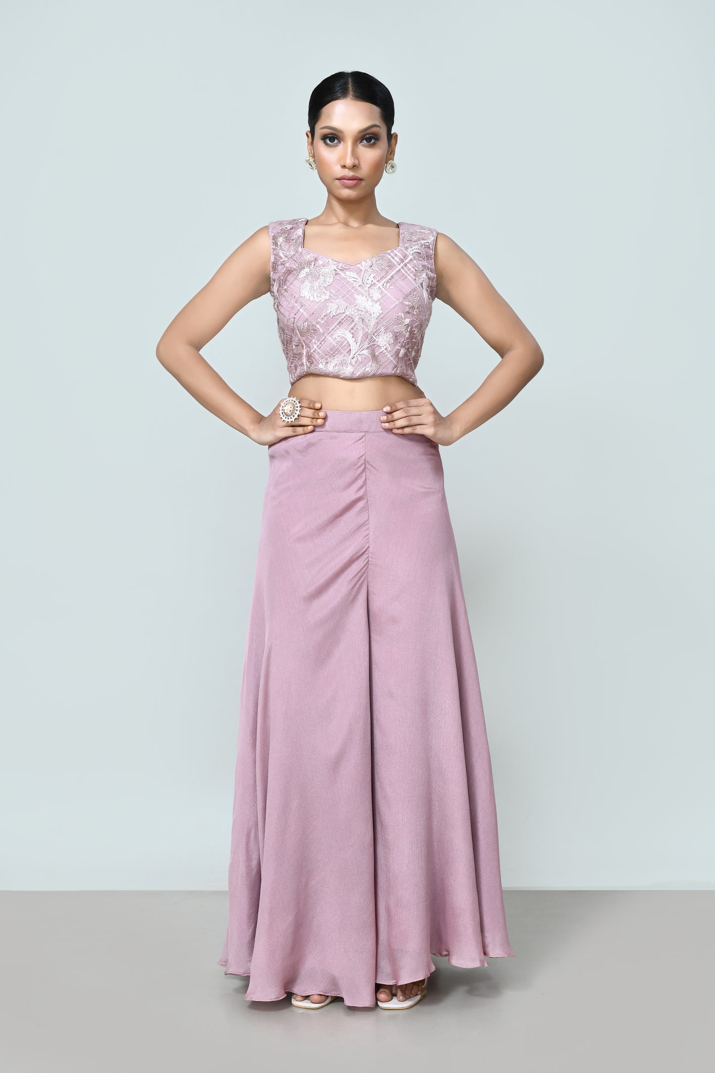Designer Wear Lavender Pink Crop Top And Palazzo Set