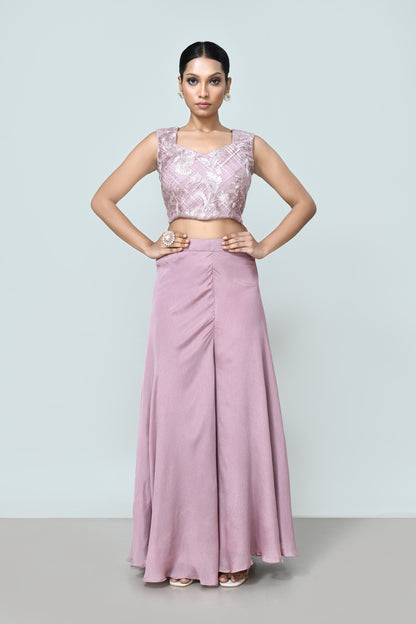 Designer Wear Lavender Pink Crop Top And Palazzo Set