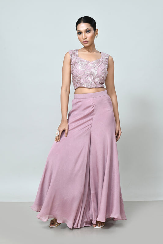 Designer Wear Lavender Pink Crop Top And Palazzo Set
