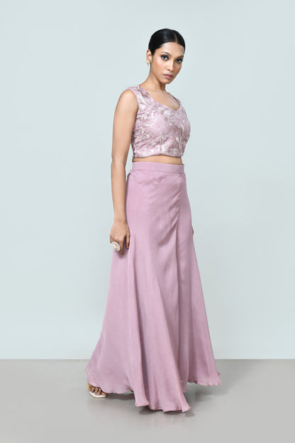 Designer Wear Lavender Pink Crop Top And Palazzo Set