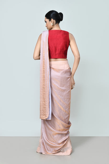Designer Wear Metallic Pink Drape Saree Set