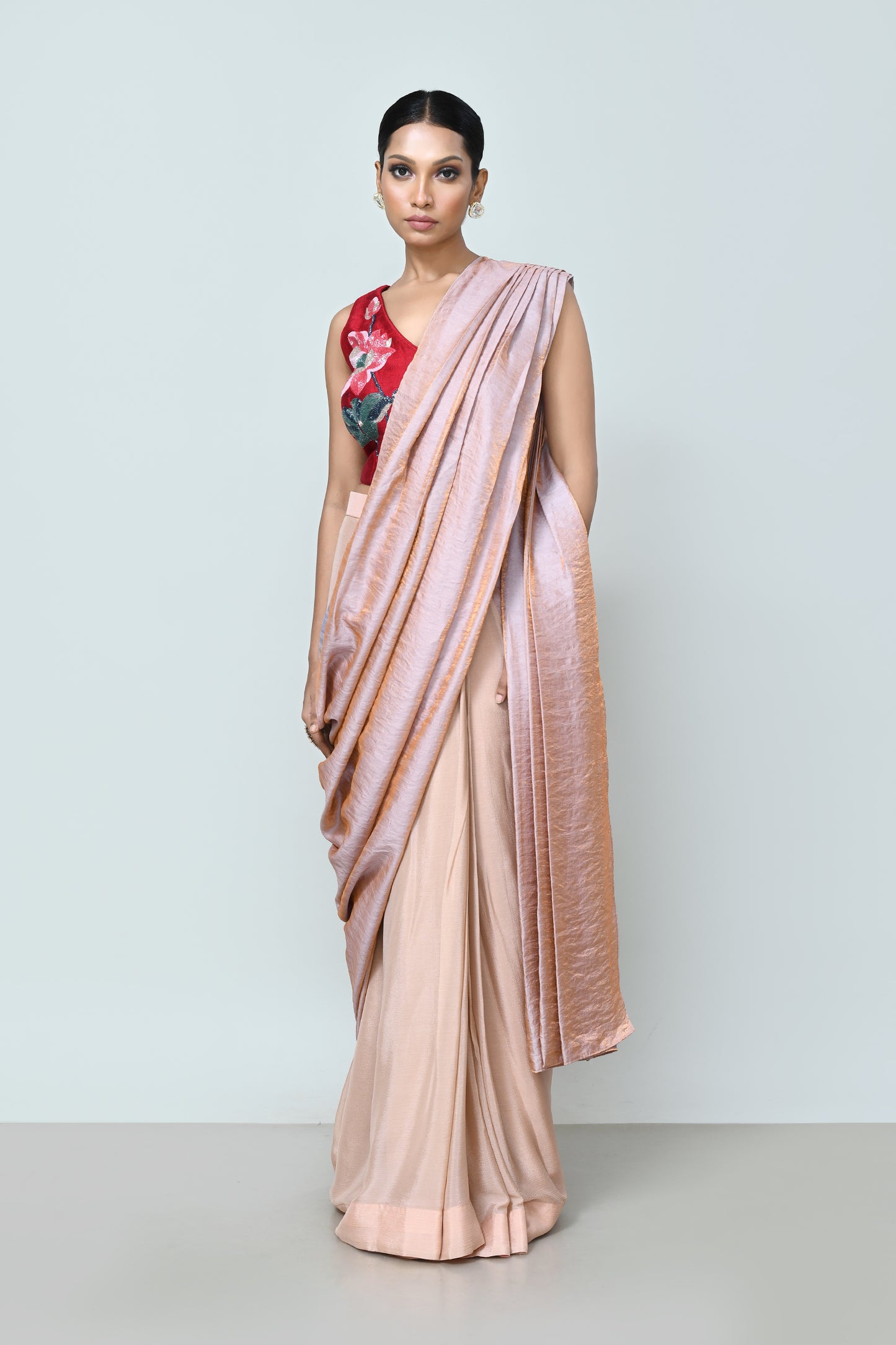 Designer Wear Metallic Pink Drape Saree Set