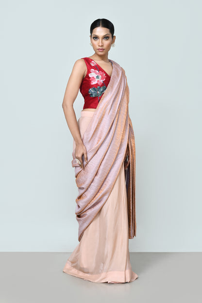 Designer Wear Metallic Pink Drape Saree Set