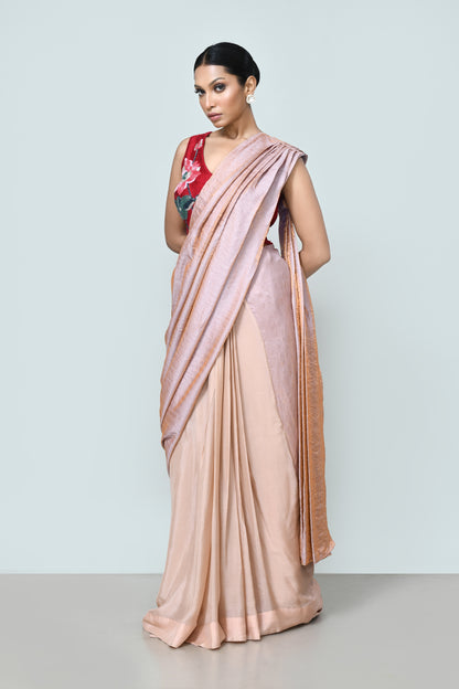 Designer Wear Metallic Pink Drape Saree Set