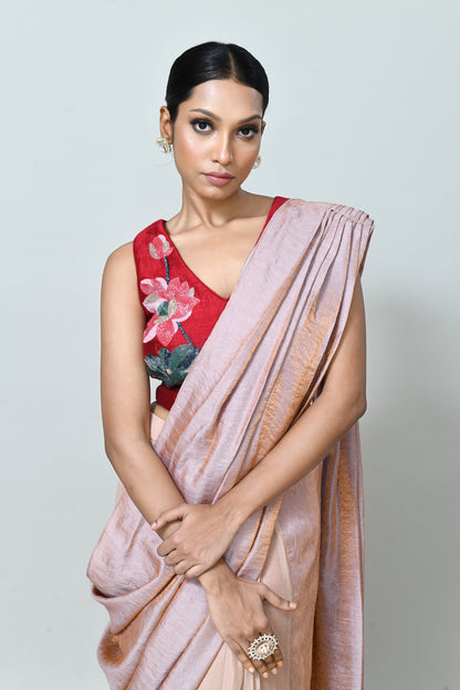 Designer Wear Metallic Pink Drape Saree Set
