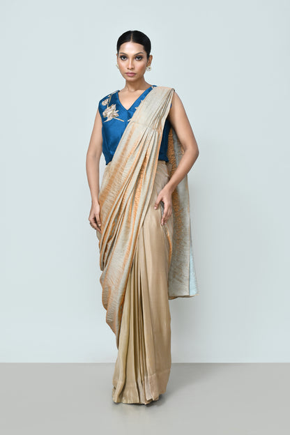 Designer Wear Beige Drape Saree Set