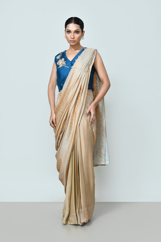 Designer Wear Beige Drape Saree Set