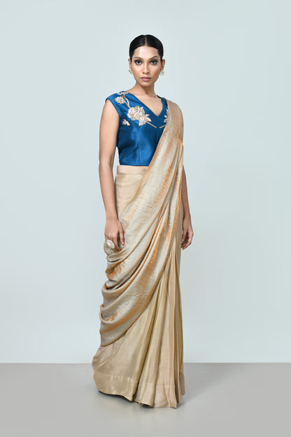 Designer Wear Beige Drape Saree Set