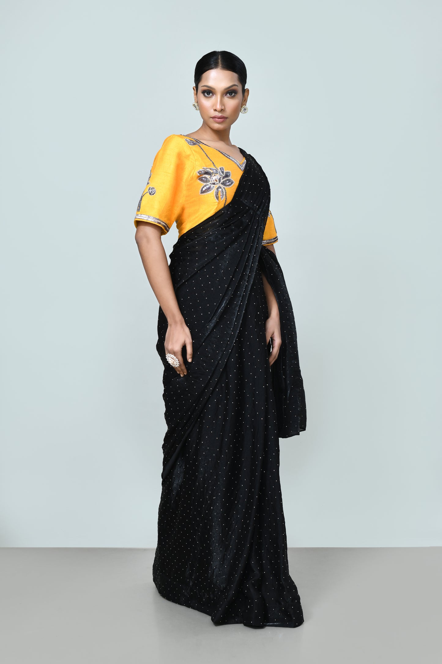 Designer Wear Black Diamond Silk Drape Saree