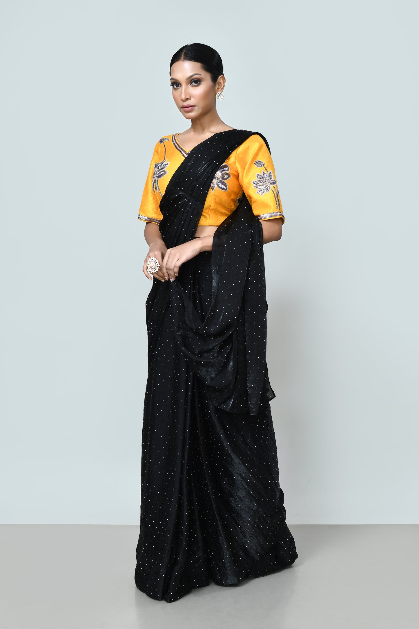 Designer Wear Black Diamond Silk Drape Saree