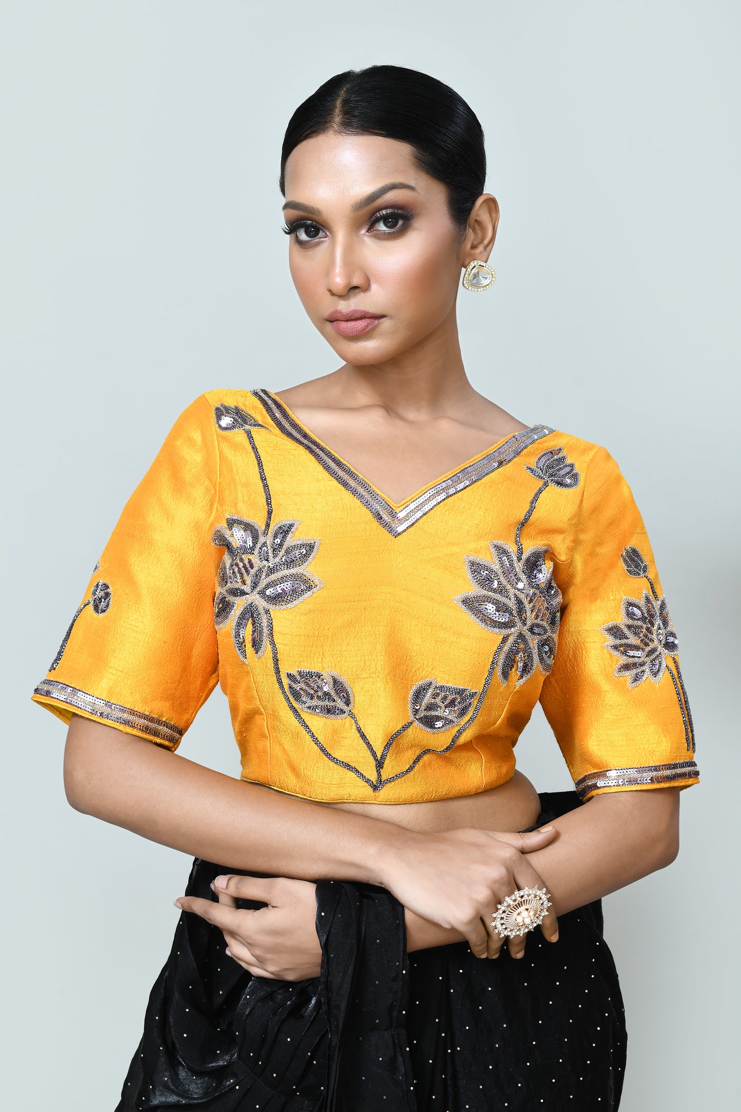 Designer Wear Black Diamond Silk Drape Saree