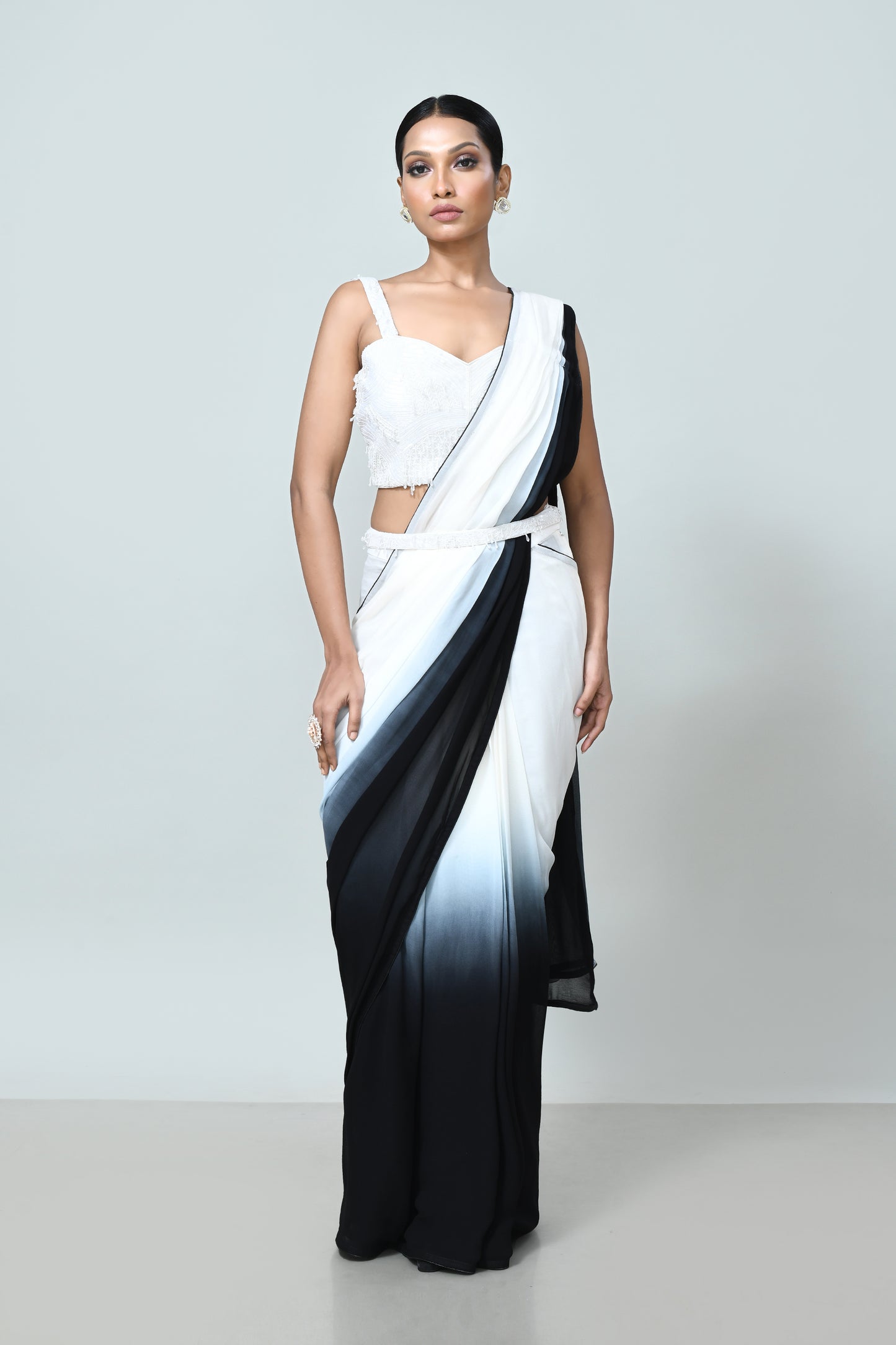 Designer Wear Black & White Georgette Drape Saree