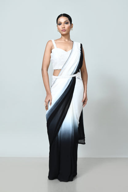 Designer Wear Black & White Georgette Drape Saree