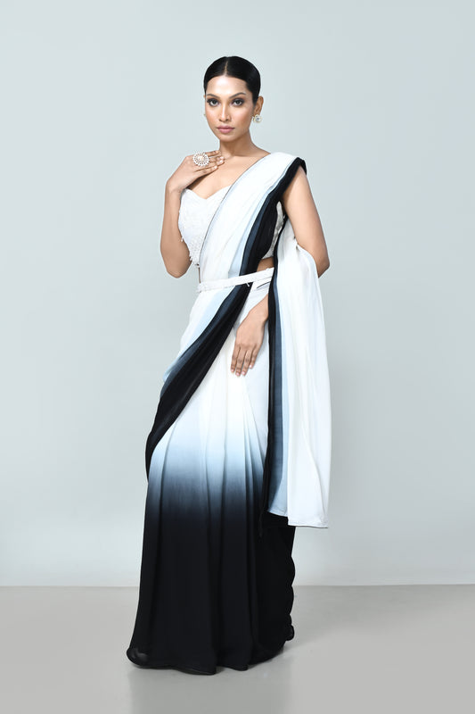 Designer Wear Black & White Georgette Drape Saree