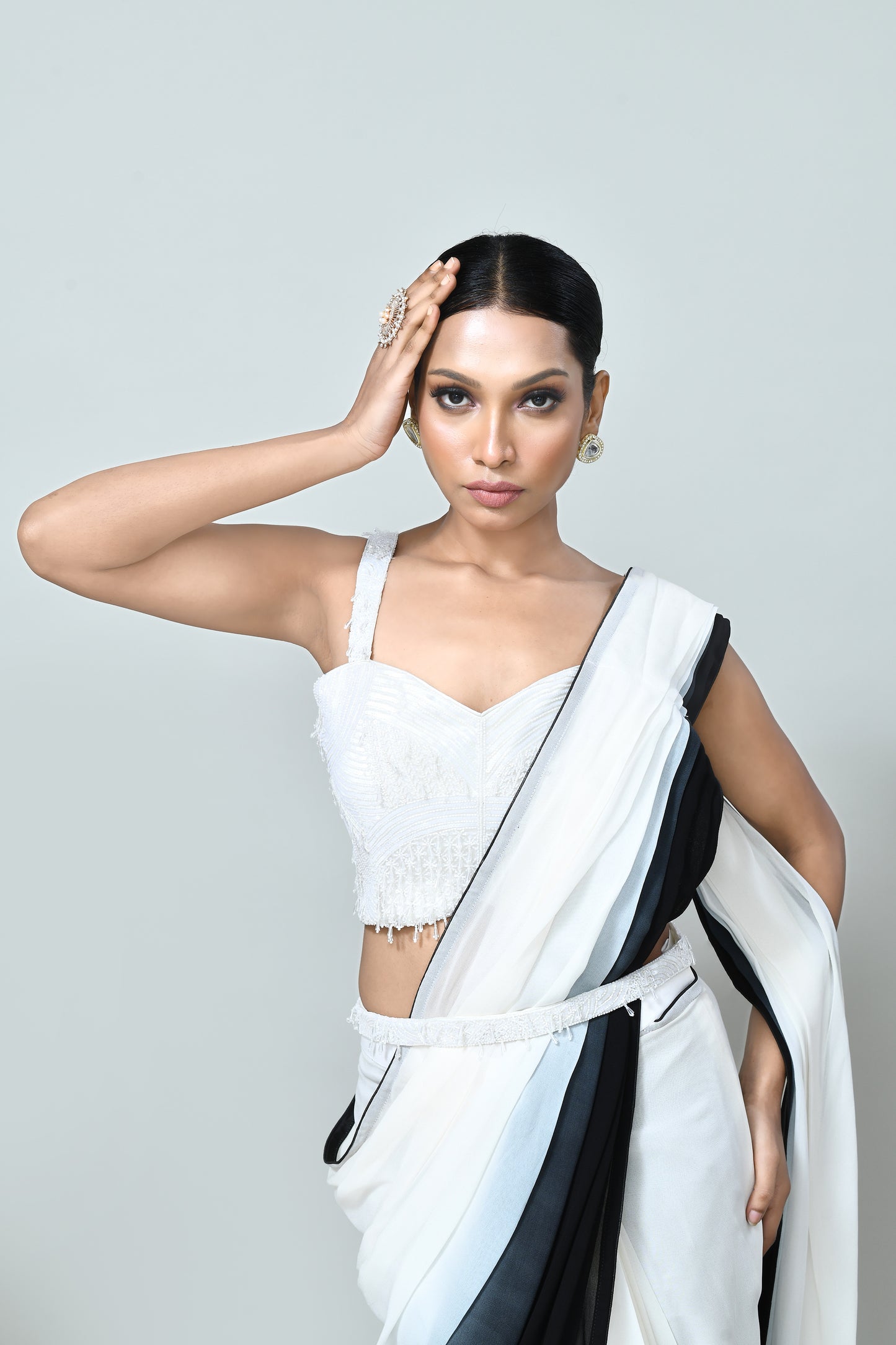 Designer Wear Black & White Georgette Drape Saree