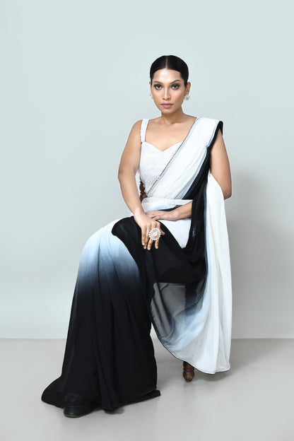 Designer Wear Black & White Georgette Drape Saree