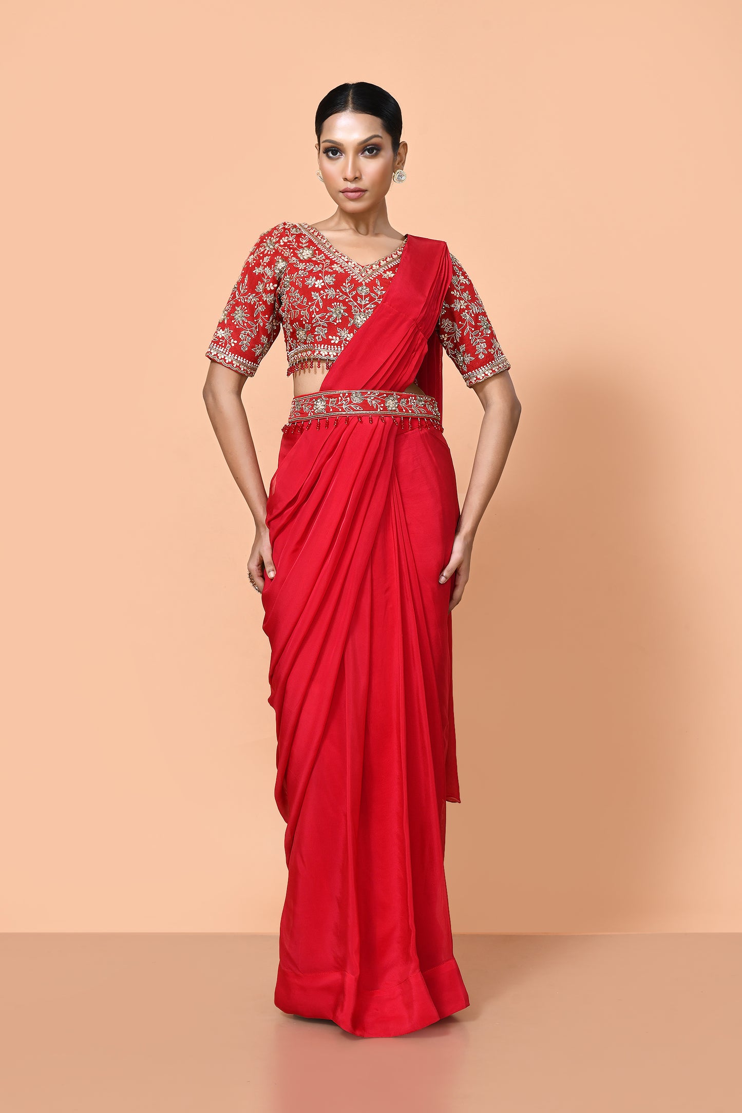 Designer Wear Red Viscose Organza Drape Saree