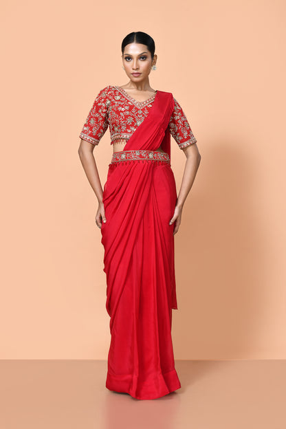 Designer Wear Red Viscose Organza Drape Saree
