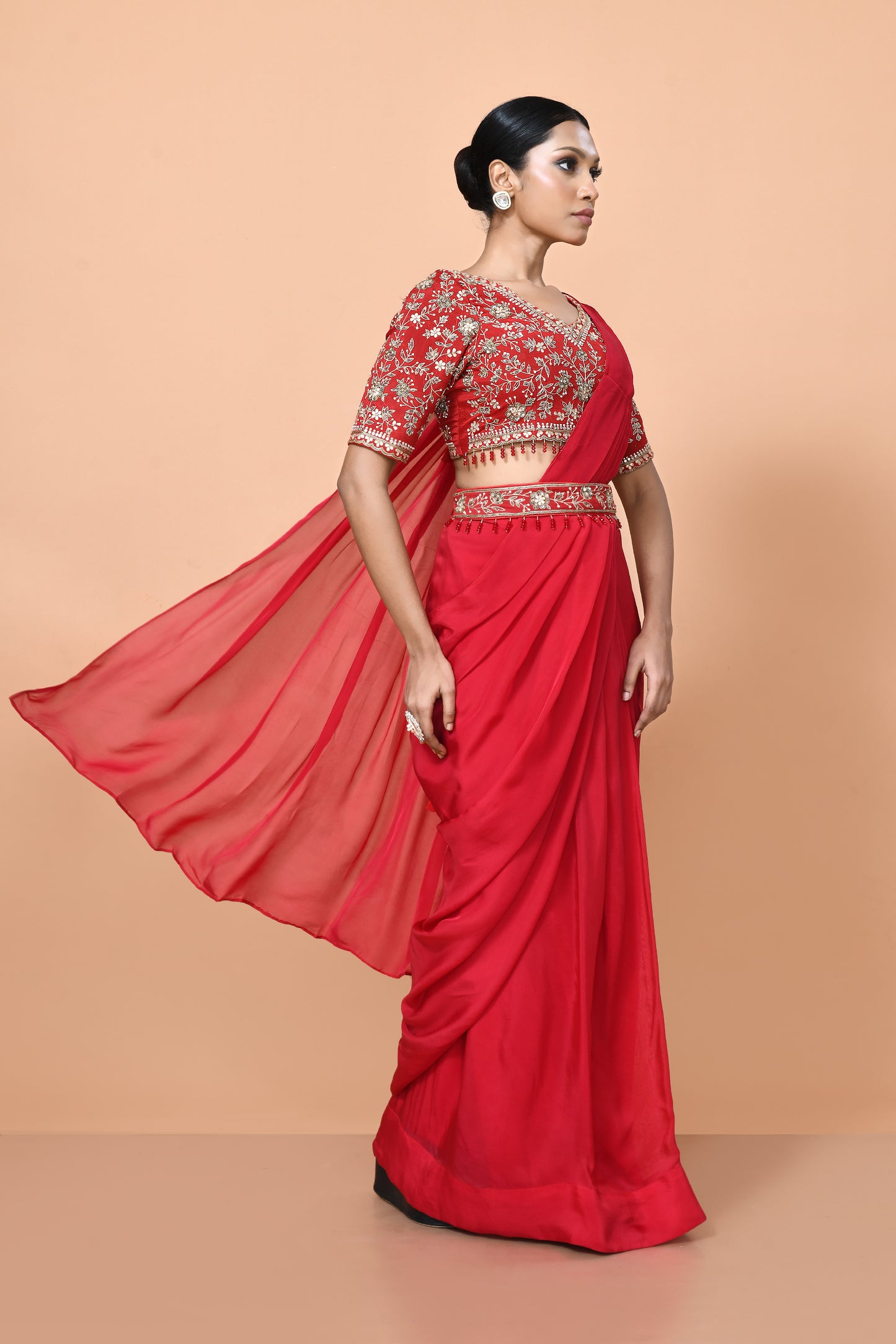 Designer Wear Red Viscose Organza Drape Saree